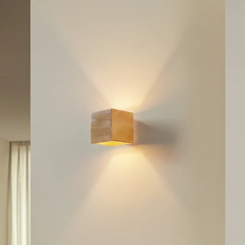 Vägglampa Ara som kub i trä Snabb frakt