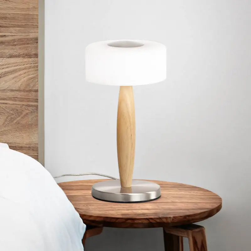 Elea LED-bordslampa, nickelfärgad, höjd 29 cm, glas, trä Köp nu