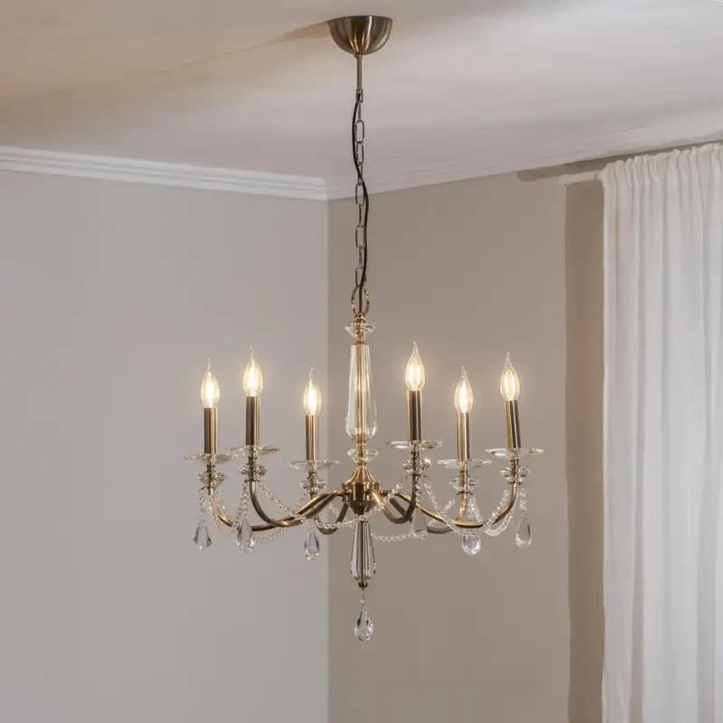 Ljuskrona Adone, 6 lampor, mässing, Ø 70 cm, kristallglas Säker betalning