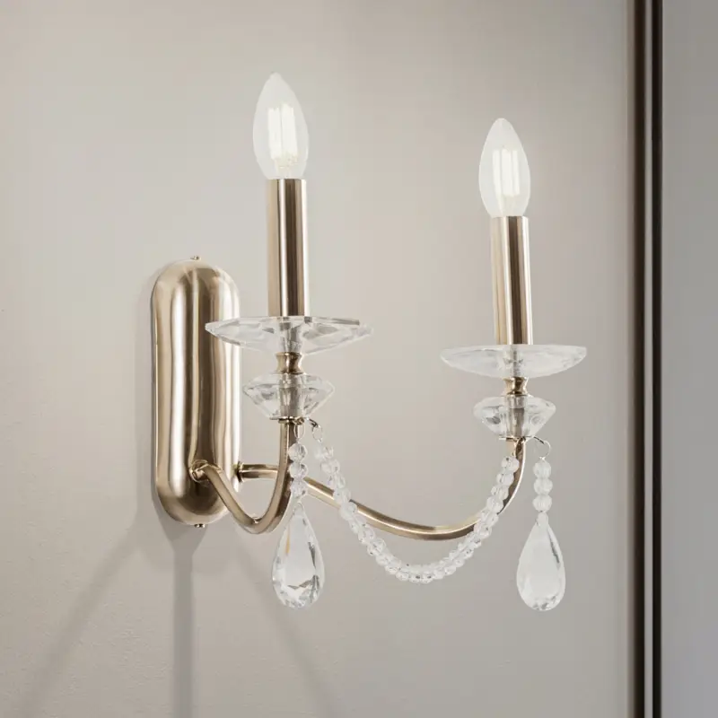 Säker betalning Adone vägglampa, 2 lampor, mässing, höjd 30 cm, kristallglas