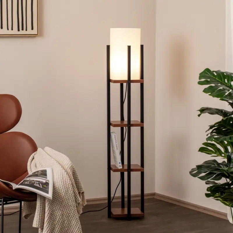 Golvlampa Shelf, svart/koppar, tyg, höjd 130 cm, E27 Billig