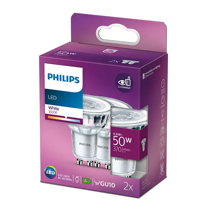 Philips LED Spot 4,6W (50W) GU10 3000K 2-pack Utförsäljning