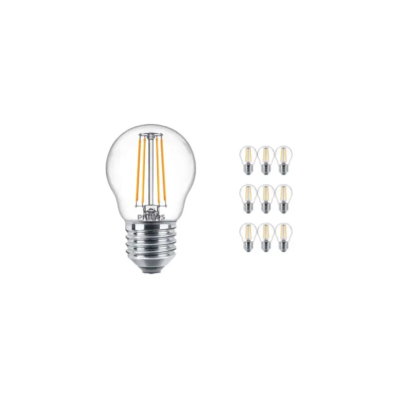 Flerpack 10x Philips Classic LED Lustre E27 boll Filament Klar 4.3W 470lm - 827 Extra Varm Vit | Ersättare 40W Begränsat antal
